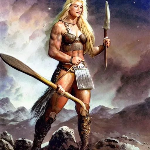 Image similar to a detailed picture of a beautiful and tough looking blonde viking woman, carrying a large axe above her head, elegant, smiling playfully, burning village in the background, night time raid, 8 k, artstation, fine detail, art by frank frazetta