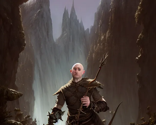 Image similar to highly detailed portrait of daniel radcliffe as a fantasy bald elf holding a magic staff, in skyrim, stephen bliss, unreal engine, fantasy art by greg rutkowski, loish, rhads, ferdinand knab, makoto shinkai and lois van baarle, ilya kuvshinov, rossdraws, tom bagshaw, global illumination, radiant light, detailed and intricate environment