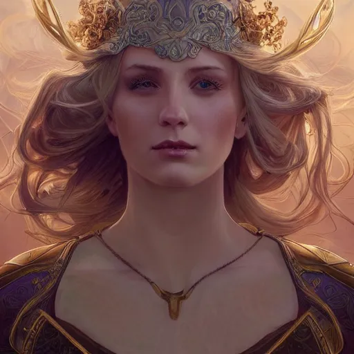 Prompt: A beautiful digital painting of a strong blonde woman, in a regal armor, princess, D&D, fantasy, intricate, cinematic lighting, highly detailed, digital painting, Artstation, concept art, smooth, sharp focus, illustration, art by Artgerm and Greg Rutkowski, Alphonse Mucha and charlie bowater