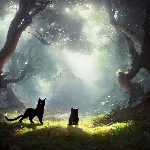 Prompt: a beautiful painting of a cute black cat in a forest. pixar character design by cory loftis, fenghua zhong, ryohei hase, ismail inceoglu and ruan jia. artstation, volumetric light, detailed, photorealistic, rendered in octane