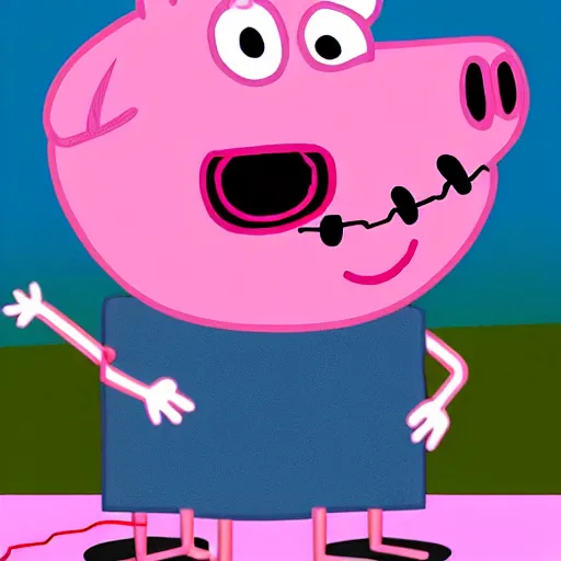 Image similar to peppa the pig as full modified cyborg.