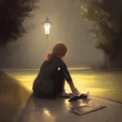 Image similar to a girl reading a book, city park, street lighting, greg rutkowski, digital painting