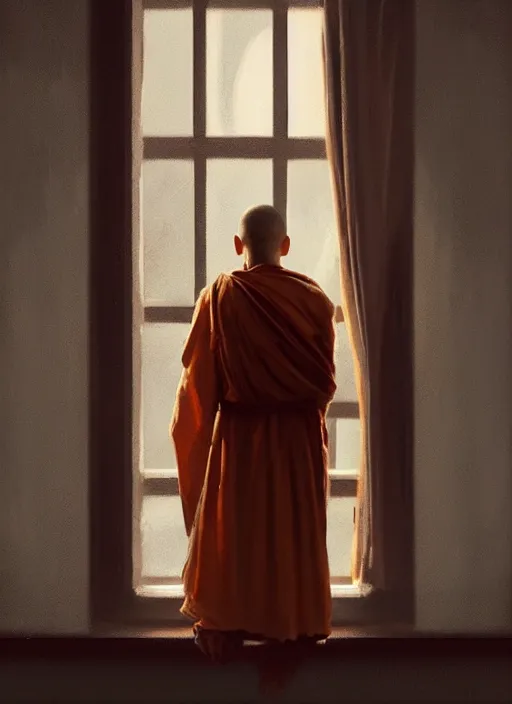 Image similar to oil painting of a monk in robes, looking out a window contemplatively, digital art, artstation, cinematic, golden hour, digital art painting by greg rutkowski