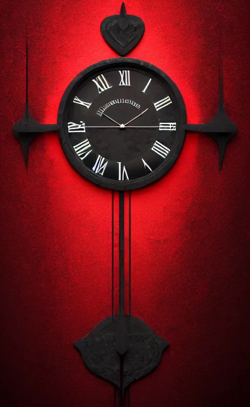 Image similar to a melting Roman numeral clock, behind a red and black gradient background, dynamic lighting, photorealistic fantasy concept art, trending on art station, stunning visuals, cinematic, creative, ultra detailed