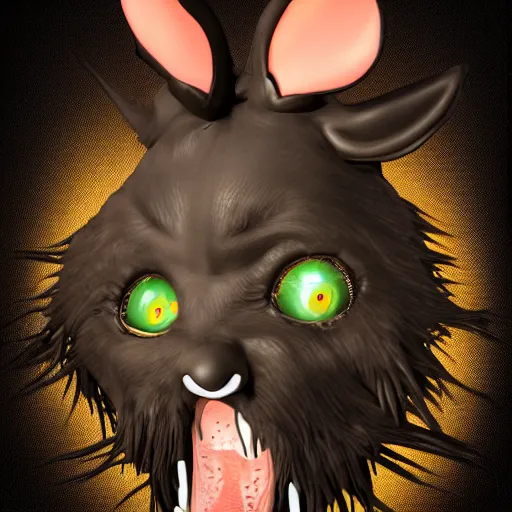 Prompt: A extremely highly detailed majestic hi-res beautiful, highly detailed head and shoulders portrait of a scary terrifying, horrifying, creepy black cartoon rabbit animatronic with scary big eyes, laughing and standing up wearing pants and a shirt in the style of Walt Disney