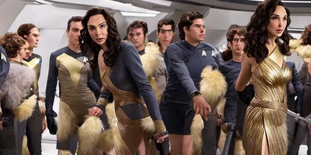 Prompt: Gal Gadot and Tribbles, Tribbles and more Tribbles in a scene in the next Star Trek movie