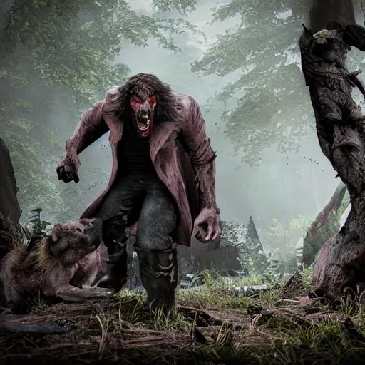 Prompt: werewolf from van helsing ripped shirt unreal engine hyperreallistic render 8k character concept art forest masterpiece