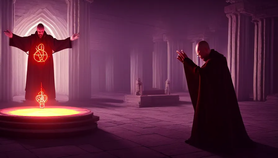 Image similar to an evil priest performs demonic ritual with magic and a glowing sigil in a fantastic temple, volumetric lighting, magical lighting, raytracing, dynamic lights and shadows, photorealistic render, digital art, wallpaper