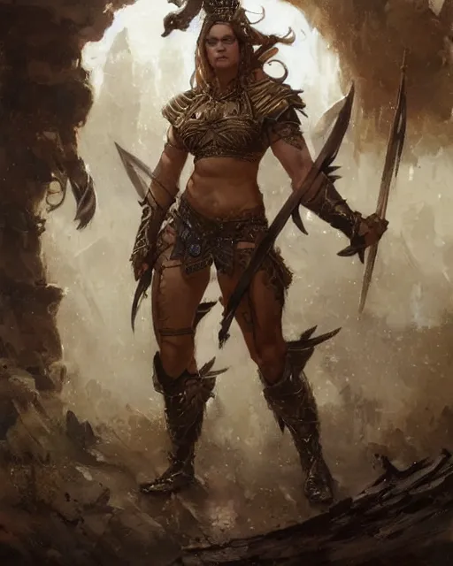 Image similar to a fierce and muscular warrior princess in full armor, fantasy character portrait by greg rutkowski, gaston bussiere, craig mullins