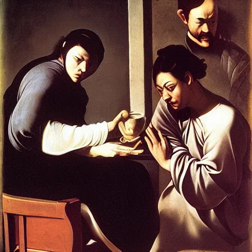 Prompt: caravaggio painting of qigong and tea