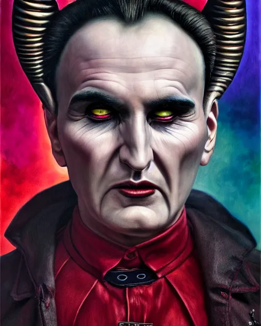 Image similar to photorealist portrait painting of demonic aloysius stepinac with demonic eyes and horns, gothic, horror, cool colors, high production value, intricate details, high resolution, hyperrealistic, hdr, high definition, masterpiece, ultra realistic, highly detailed, hd, sharp focus, non blurry, sharp, smooth