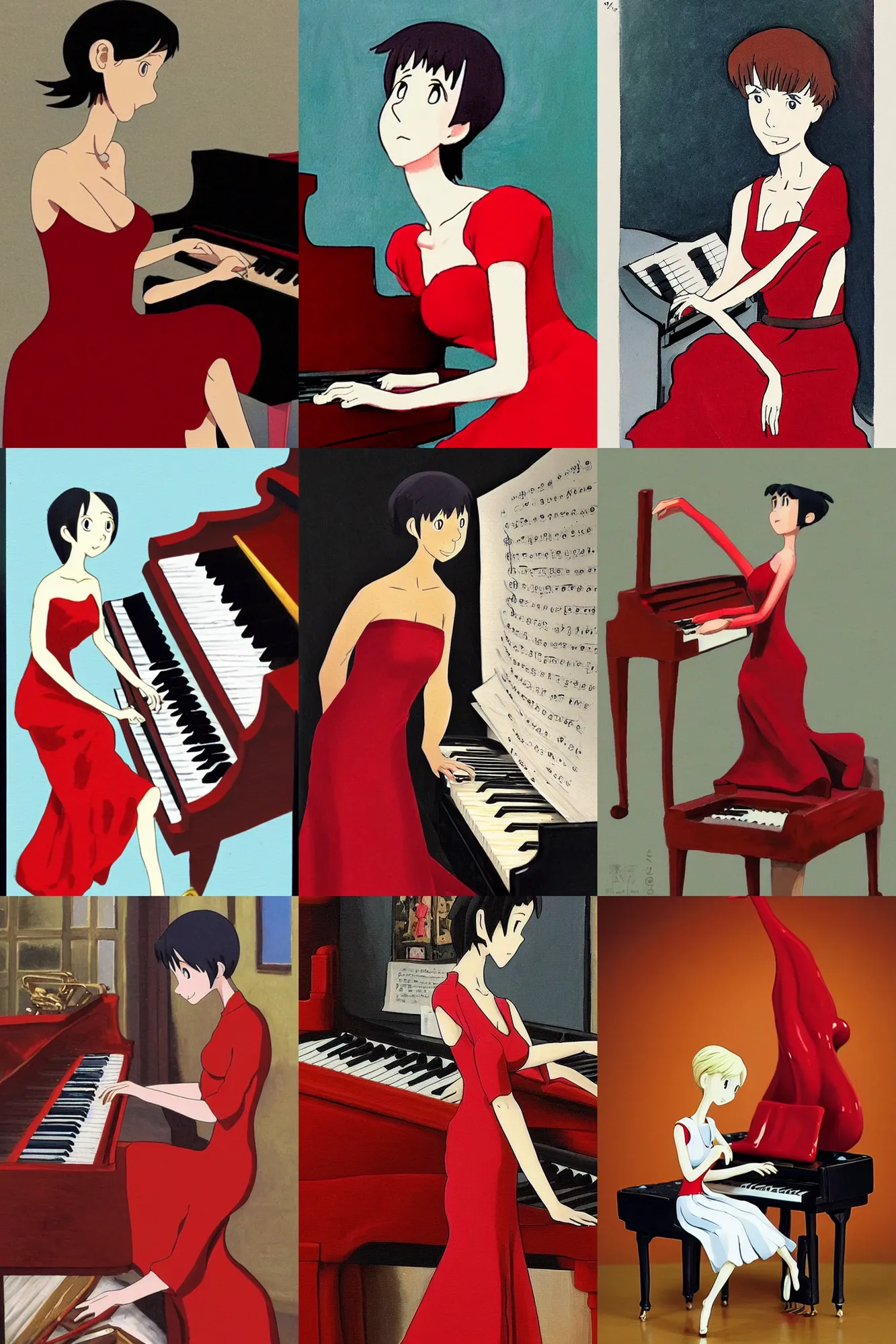 Prompt: a Pianist musician wearing an elegant red dress playing the piano, oil painting of an anime figurine caricature, featured on Wallace and Gromit by Studio Ghibli