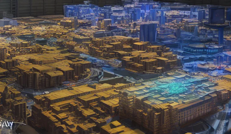 Image similar to large group people in open warehouse, looking at hologram of futuristic city on a table, cinematic concept art, godrays, golden hour, natural sunlight, 4 k, clear details, tabletop model buildings, center model buildings, hologram center, crane shot, crane shot, crane shot, godrays