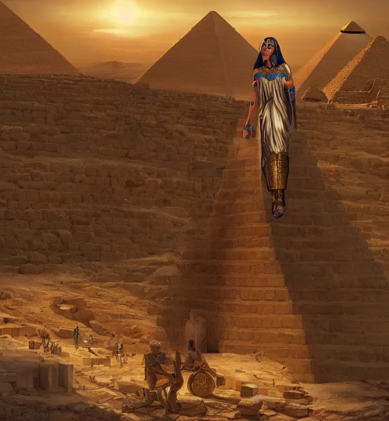 Prompt: a concept painting showing cleopatra on her throne at top of the great pyramid of giza. good quality, good light, anatomically correct, digital art, artstation 8 k