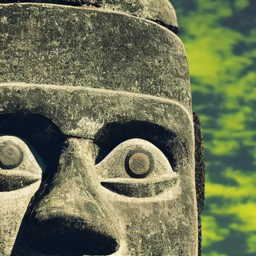 Image similar to a high detail photo of a moai wearing headphones