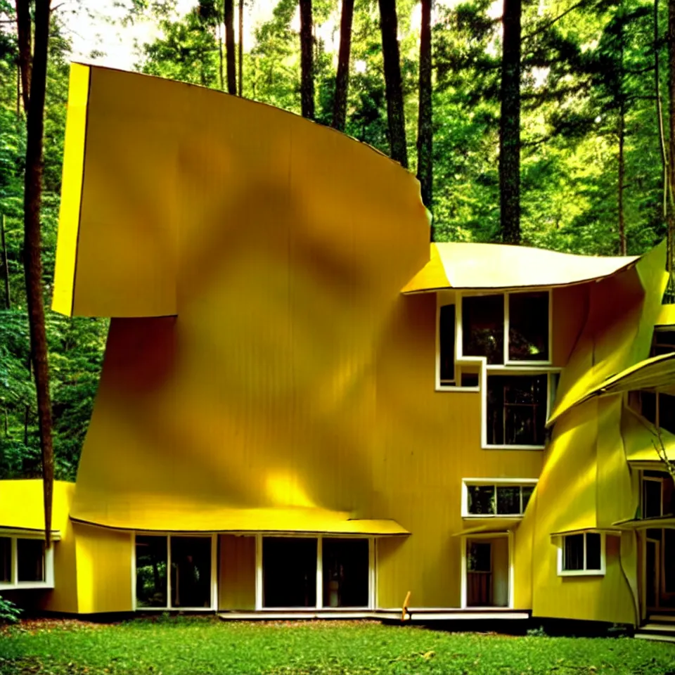 Image similar to a mid-century modern house with big tiles, from far away, in a forest, designed by Frank Gehry. Film grain, cinematic, yellow hue