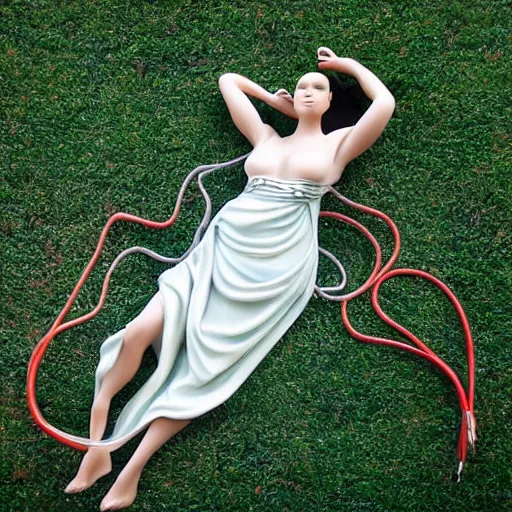 Prompt: a bunch of data cables in the shape of a beautiful woman, laying on the ground, realistic sculpture,