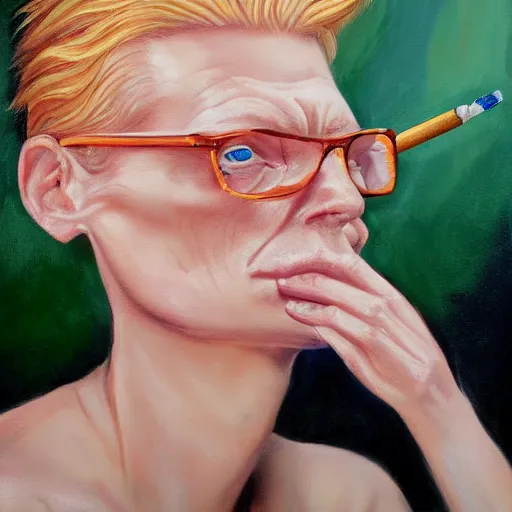 Image similar to an caricature of a young tilda swinton smoking a blunt, realistic oil painting by david levine, trending on art station, 4K