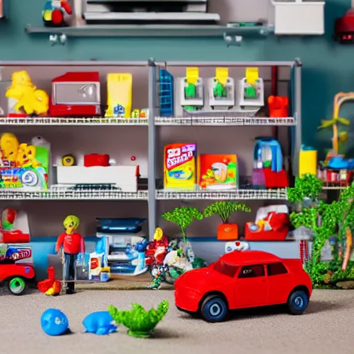 Image similar to fisher price garage with carnivorous plants on the shelves and packing peanuts on the floor, scene from tv show hyper detailed 5 5 mm 8 5 mm, toy photography, made out of plastic