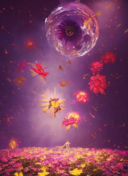 Image similar to An epic fantastic realism comic book style painting of the most beautiful spinning flowers floating into the dark and starry cosmos, exquisite bouquets, fisheye, a star implodes, unreal 5, DAZ, hyperrealistic, octane render, dynamic lighting