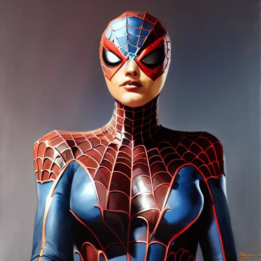 Image similar to greg manchess portrait painting of partially armored female spiderman as overwatch character, medium shot, asymmetrical, profile picture, organic painting, sunny day, matte painting, bold shapes, hard edges, street art, trending on artstation, by huang guangjian, gil elvgren, ruan jia, greg rutkowski, gaston bussiere