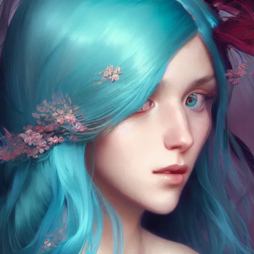 Image similar to beautiful girl with long turqoise hair, cute, intricate, highly detailed, digital painting, trending on artstation, concept art, smooth, sharp focus, illustration, unreal engine 5, 8 k, art by artgerm and greg rutkowski and alphonse mucha