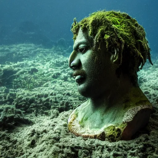 Image similar to Award-winning photograph by Mar Mann. The photo depicts a decaying roman bust of Tim Maia overgrown with moss at the bottom of the sea in the middle of ruins of civilization. Minimalism, high definition, perfect composition. Deep sea picture. Very dark. Volumetric Lighting. Fish. Darkness. Ruins