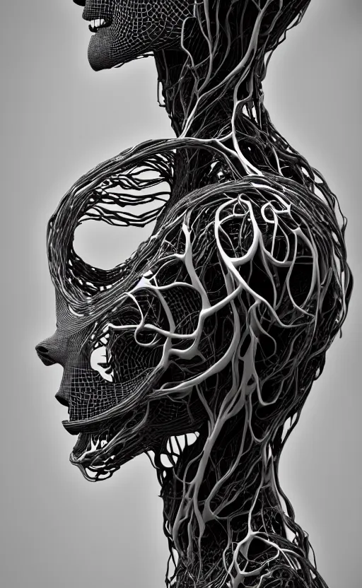 Prompt: black and white complex 3d render of 1 beautiful profile woman porcelain face, vegetal dragon cyborg, 150 mm, sinuous silver ghost orchid stems, roots, leaves, fine lace, maze-like, mandelbot fractal, anatomical, facial muscles, cable wires, microchip, elegant, highly detailed, black metalic armour with silver details, rim light, octane render, H.R. Giger style, David Uzochukwu