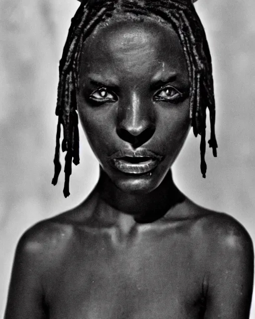 Image similar to ancient nilotic african androgynous vampire woman with demonic eyes, photograph, 3 5 mm film