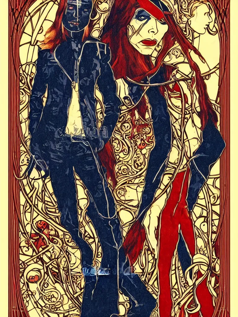 Image similar to art nouveau, David Bowie, one single figure, tarot card, The Vampire, leather jacket, jeans, long red hair, full body