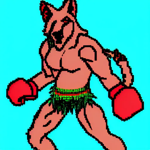 Image similar to full body shot antropomorphic muscular masculine wolf. kickboxer. wolf head. furr. 8 bit nes graphics. vaporwave futuristic 8 0's