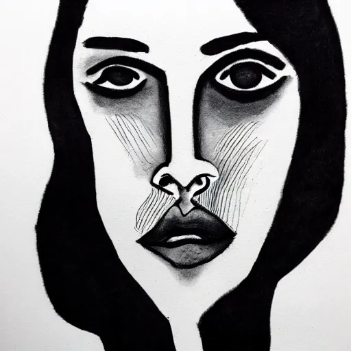 Prompt: portrait of dazed model looking left, black ink on paper
