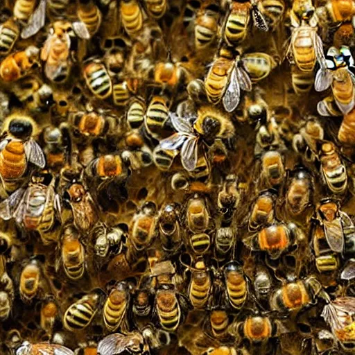Prompt: inside of the bee hive, the world of bees, queen bee, worker bees