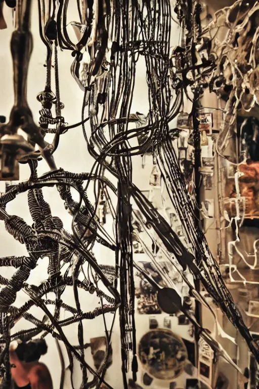 Image similar to close up, inside a museum, a room where body parts are piece of arts at night, filth and grim, wires and strings, very detailed, ultra realistic photography, grainy image, 50mm lens,