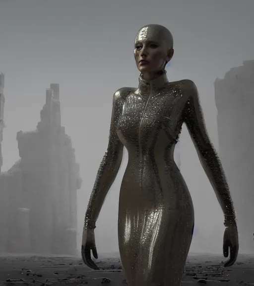 Prompt: tarkovsky greatest scene,, cold world, the ancient destroyed majestic tower of babylon, woman in futuristic cyber clothing, transparent puffer jacket, hyper realistic, blockchain, cyber world, ambient lighting, concept art, intricate, hyper detailed, smooth, dynamic volumetric lighting, octane, ray trace, cinematic, high quality, high resolution, 4 k, cgsociety