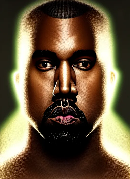 Image similar to symmetry!! portrait of kanye west, metal gear solii, tech wear, glowing lights!! intricate, elegant, highly detailed, digital painting, artstation, concept art, smooth, sharp focus, illustration, art by artgerm and greg rutkowski and alphonse mucha