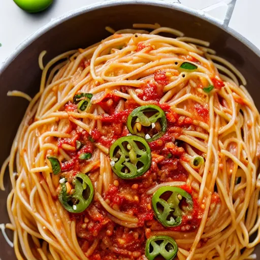 Prompt: super cheesy spaghetti topped with jalapenos, 4 k closeup