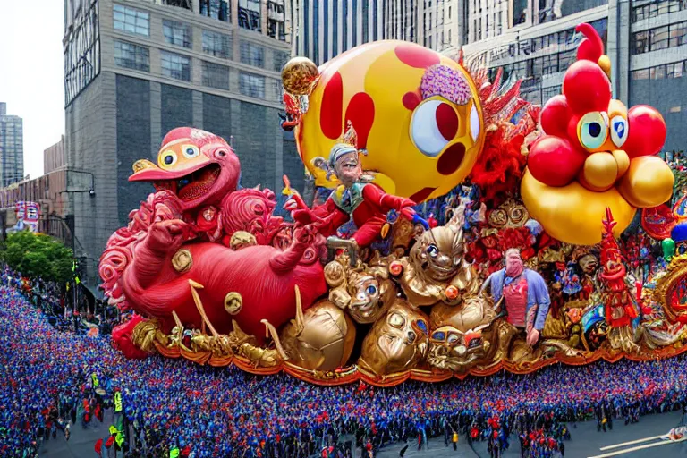 Prompt: photo of giant beautiful elaborate parade float designed by geoff darrow!!!! and ( ( ( ( ( ( chris's foss ) ) ) ) ) ), in the macys parade, detailed 4 k photo