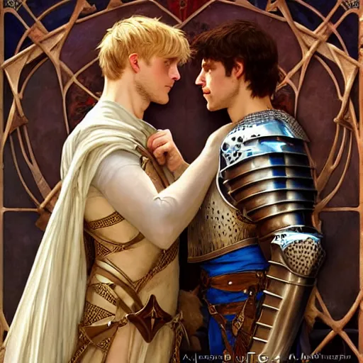 Image similar to attractive arthur pendragon and his favourite attractive male knight, they are in love, camelot, natural lighting, path traced, highly detailed, high quality, digital painting, by gaston bussiere and ross tran and j. c. leyendecker and alphonse mucha