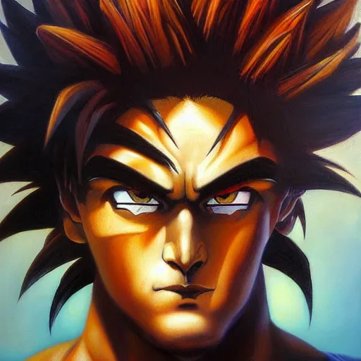 Image similar to detailed portrait of emo goku intricate, hyper detailed, realistic, oil painting, by julie bell, frank frazetta, cinematic lighting
