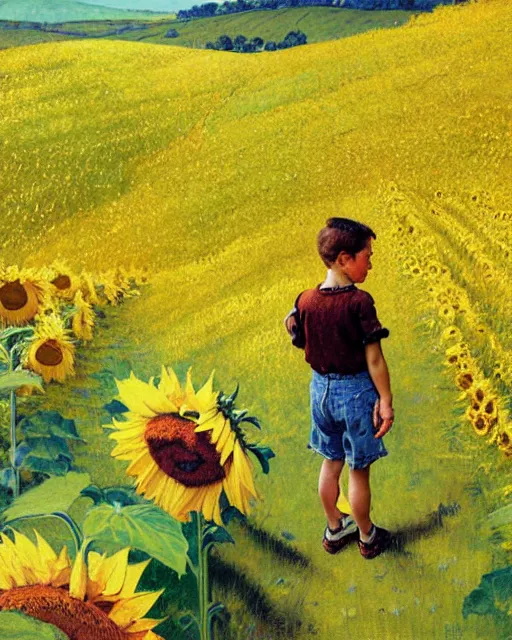 Image similar to boy standing on a hill looking down into the valley of sunflower fields, hills, cliffs, yellow sunflowers flower boy album cover by norman rockwell