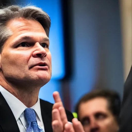 Image similar to fbi director Christopher wray getting scolded by a judge, photo 85mm, f/1.3