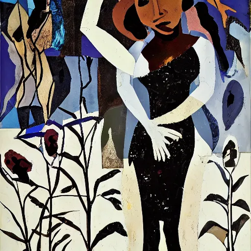 Prompt: sigma 8 5 mm f / 1. 4 by romare bearden. a experimental art of a woman standing in a field of ashes, her dress billowing in the wind. her hair is wild & her eyes are closed, in a trance - like state. dark & atmospheric, ashes seem to be alive, swirling around.