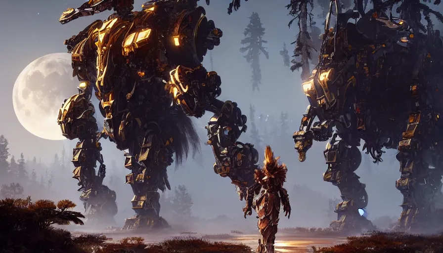 Prompt: large walking mech covered in gold and silver armor, horizon zero dawn aesthetic, beautiful moon lit night, many glowing lights, beautiful forests and trees, intricate detail, epic wallpaper, art by darek zabrocki and John Park and Feng Zhu and Jason Chan, trending on artstation, masterpiece.