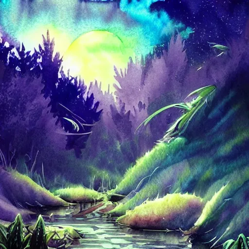 Image similar to beautiful lush natural scene on another planet, with interesting creatures. different than earth but beautiful. lightfall. beautiful detailed artistic watercolor. trending on artstation and deviantart.