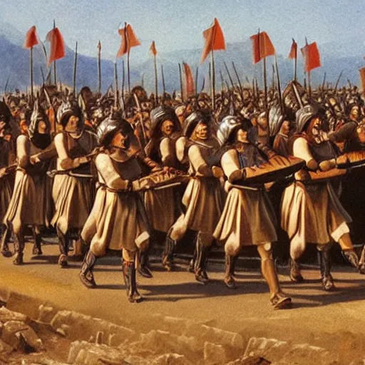 Prompt: a schoolbook image of the roman army marching through a desert.