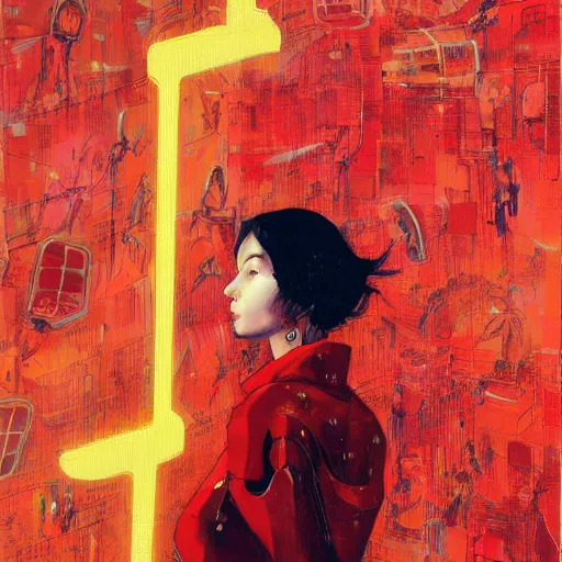 Image similar to portrait of a daydreaming melancholic latina woman in red habit being progressively rasterized into virtual pixels, she is surrounded by digital birds and a giant loving neon mecha robot is beside her, oil on canvas by yoji shinkawa, esao andrews and dave mckean