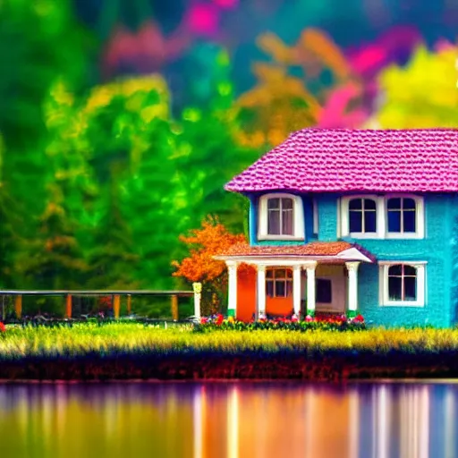 Prompt: a house on a lake, colorful, fantasy, vibrant, bokeh, long exposure, tilt - shift, by dan mumford, trending on artstation