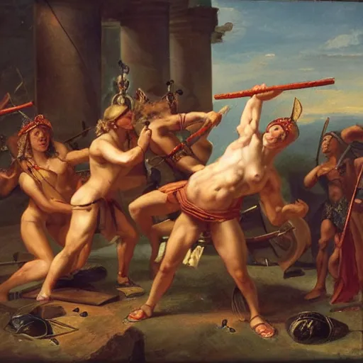 Prompt: muscular warrior women doing glorious battle in ritualistic combat, weeping feminine men watch on the side, neoclassical art