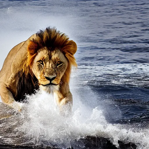 Image similar to a lion's face breaching through a wave